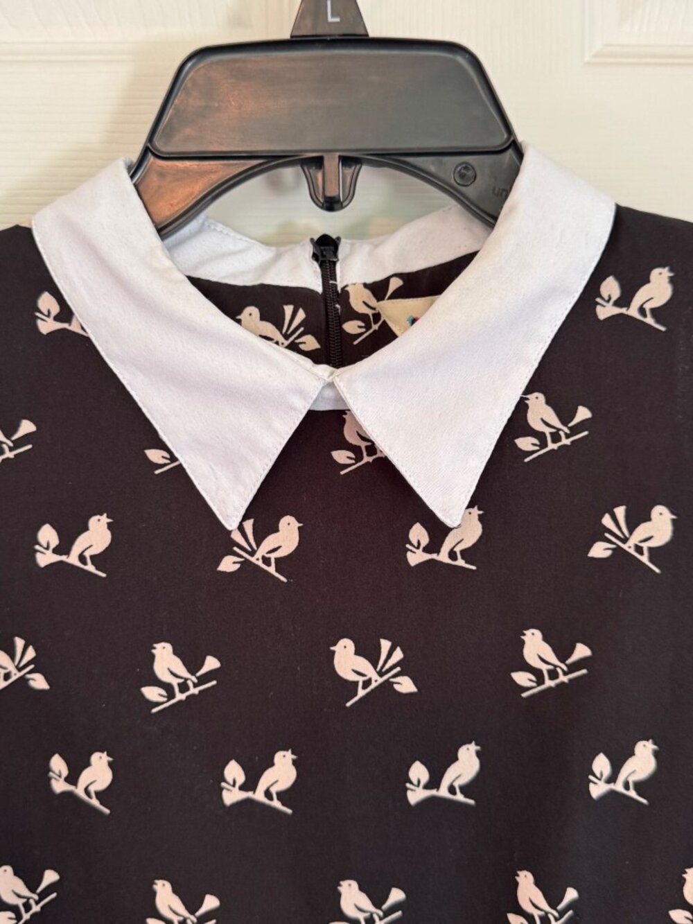 Yumi Bird Print 3/4 Sleeve Navy Blue Mini Length Collared Dress Size 10 - Picture 4 of 9